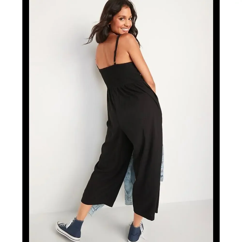 Old Navy 100 Cotton Smocked Back Wide Leg Ankle Jumpsuit Large Black EUC Boho - Picture 2 of 13